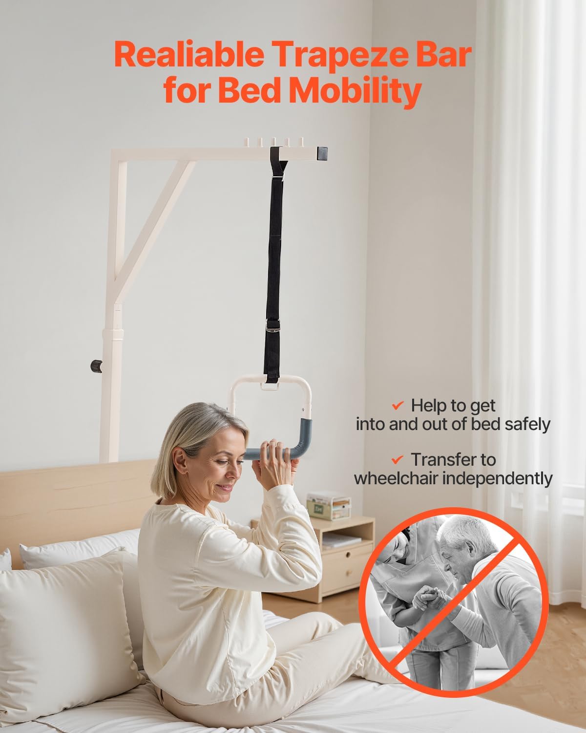 VEVOR Adjustable Bed Trapeze Bar for Mobility, 2 Casters, 350 lb Floor Stand

