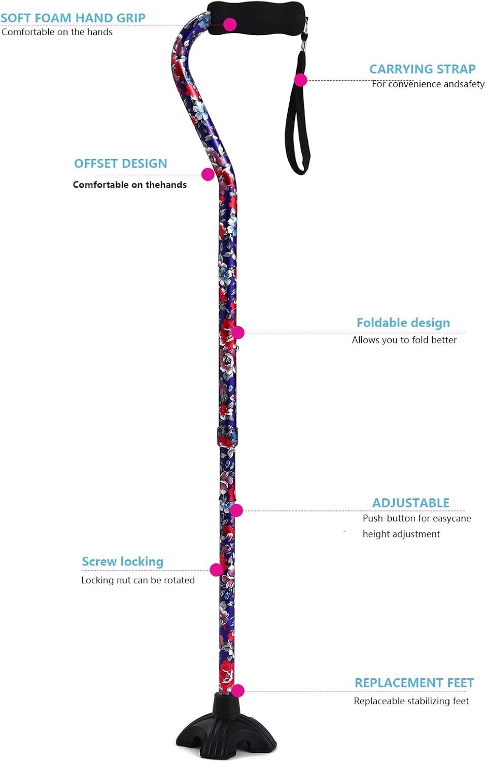 Foldable Adjustable Walking Cane with Self-Standing Tip for Seniors


