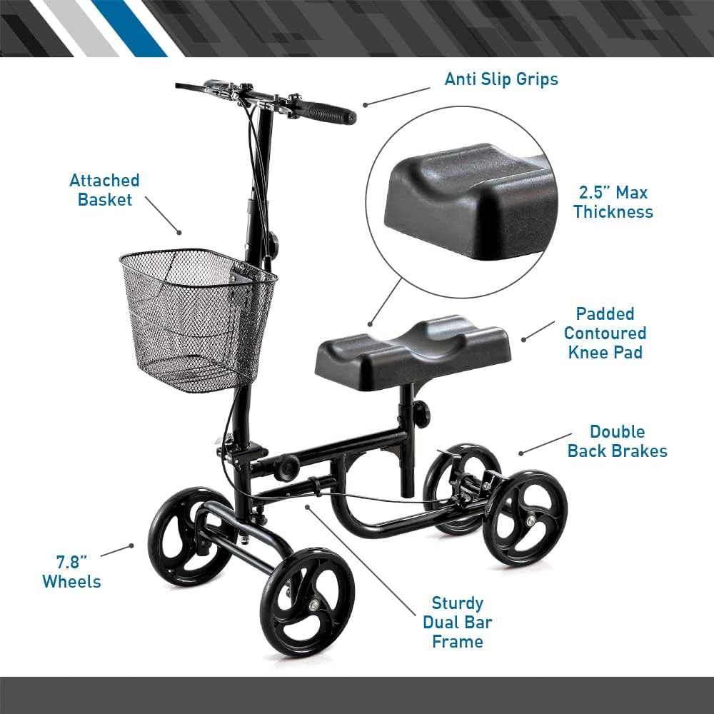 BodyMed Knee Walker Adjustable Steerable Scooter with Dual Brakes and Detachable Basket

