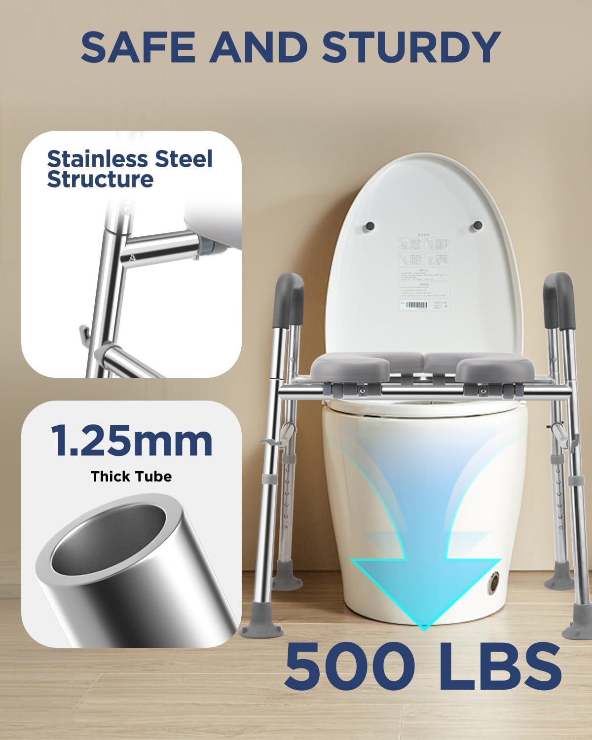 Toilet Seat Riser with Handles, Stainless Steel Raised Toilet Seat, Adjustable Height

