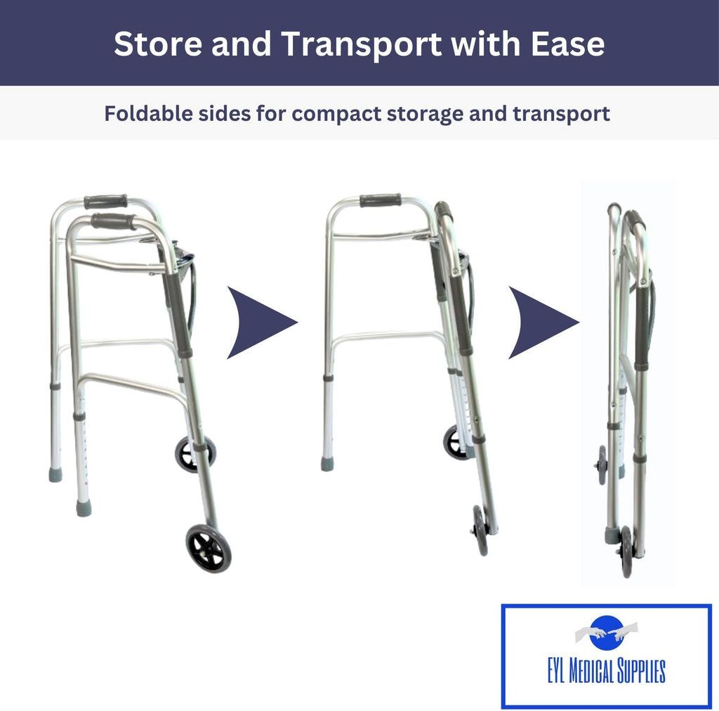 Two-Button Folding Walker with 5 in Wheels and Ski Glides, Height Adjustable

