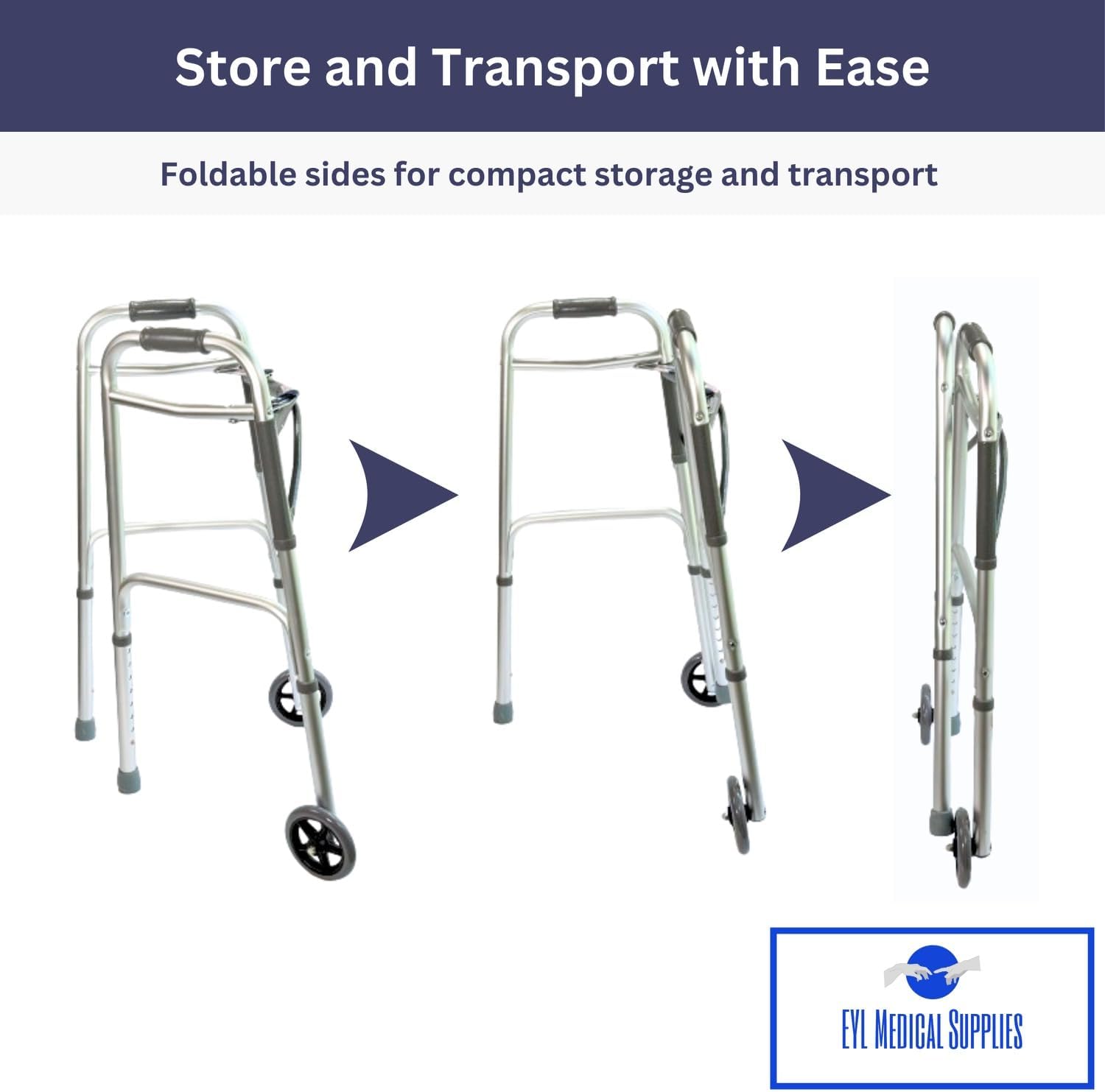 Two-Button Folding Walker with 5 in Wheels and Ski Glides, Height Adjustable

