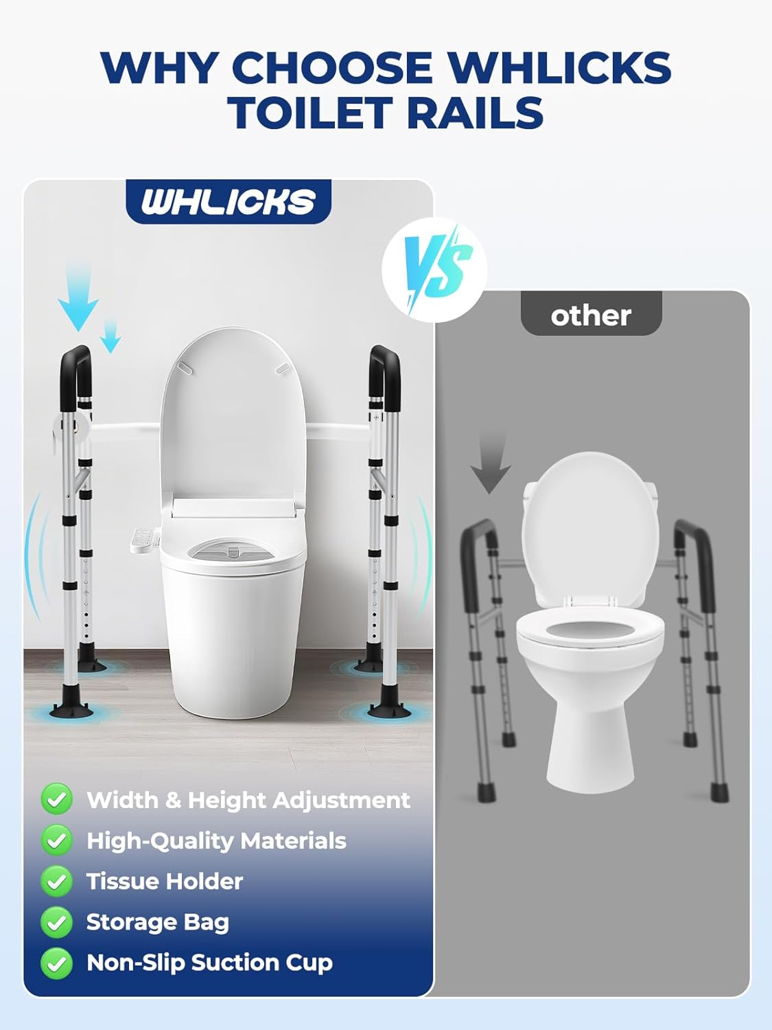 WHLICKS Adjustable Toilet Safety Rails for Seniors, Elderly, Handicap, Foldable Frame

