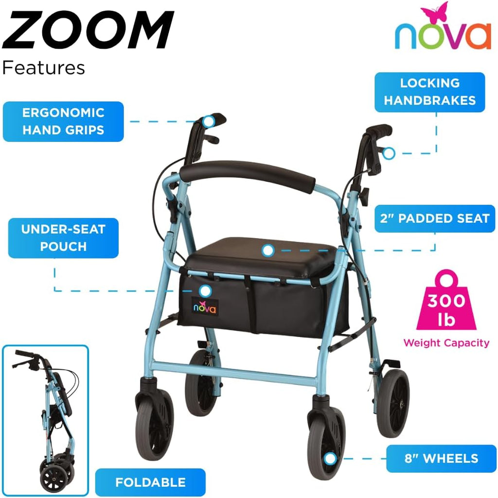 NOVA Zoom Rollator Walker with Padded Seat, Folding Lock, Locking Hand Brakes

