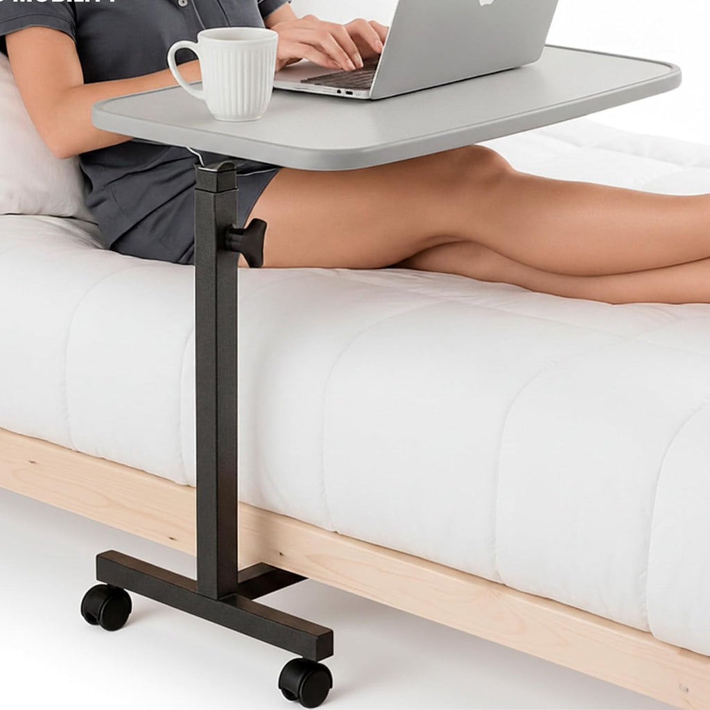Vive Overbed Hospital Bed Table with Adjustable Height Tilt Tray and Locking Wheels

