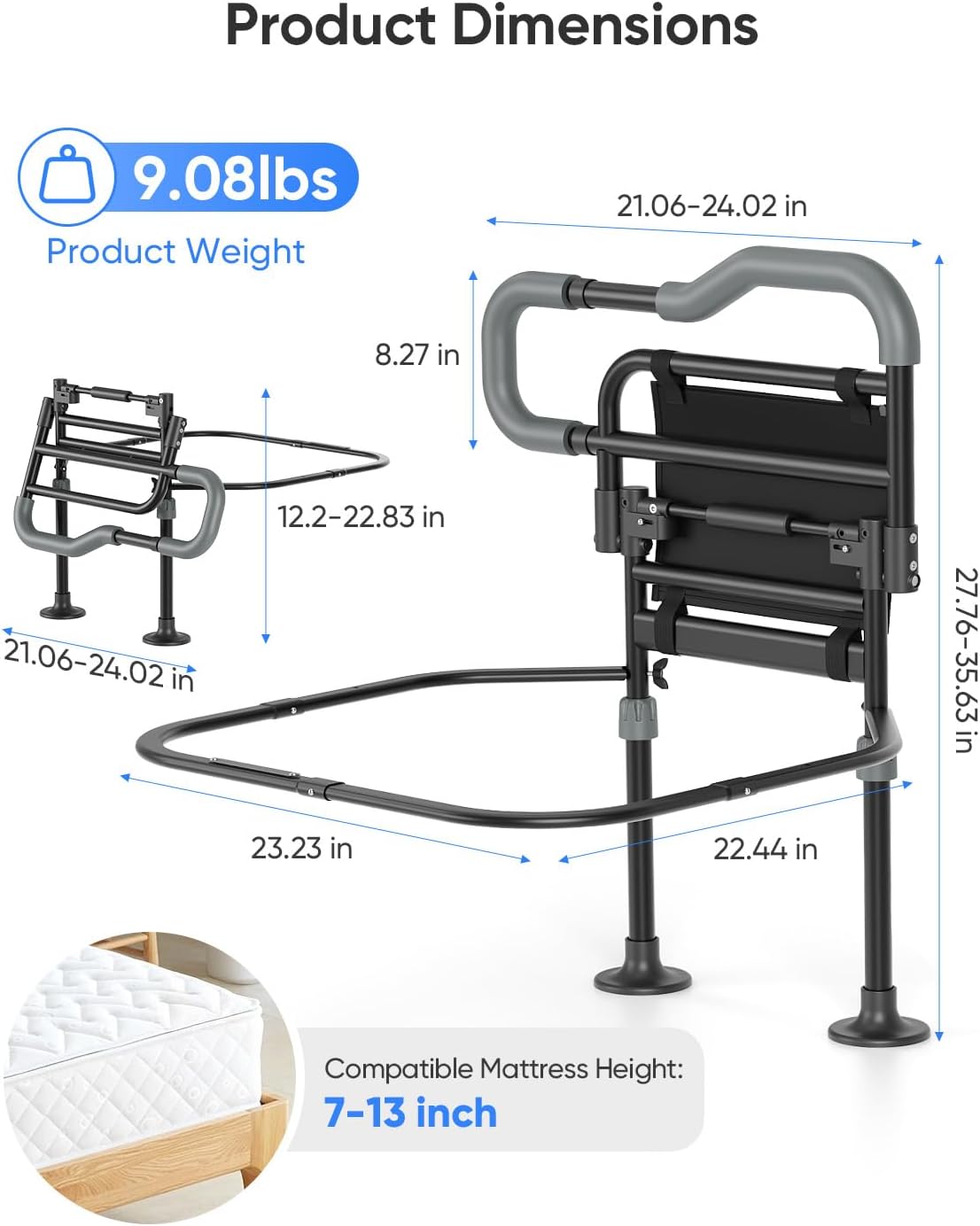 Folding Bed Rails for Elderly, Height-Adjustable Bed Assist Rail with Motion Light

