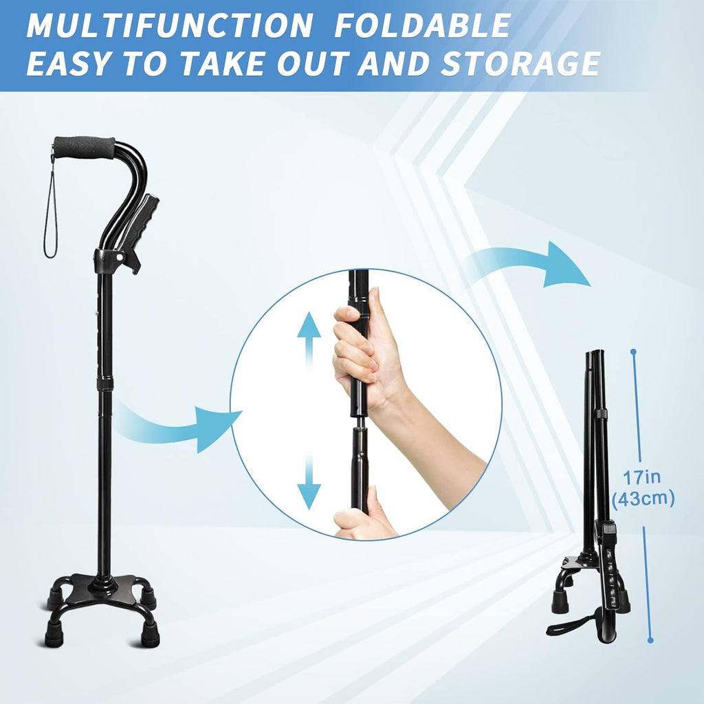 KingPavonini Adjustable Folding Walking Cane with Quad Base and Dual Handle

