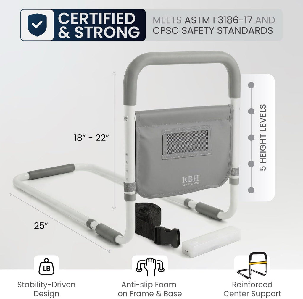 Bed Assist Rail for Seniors, Adjustable Non-Slip Handle with LED Light & Storage

