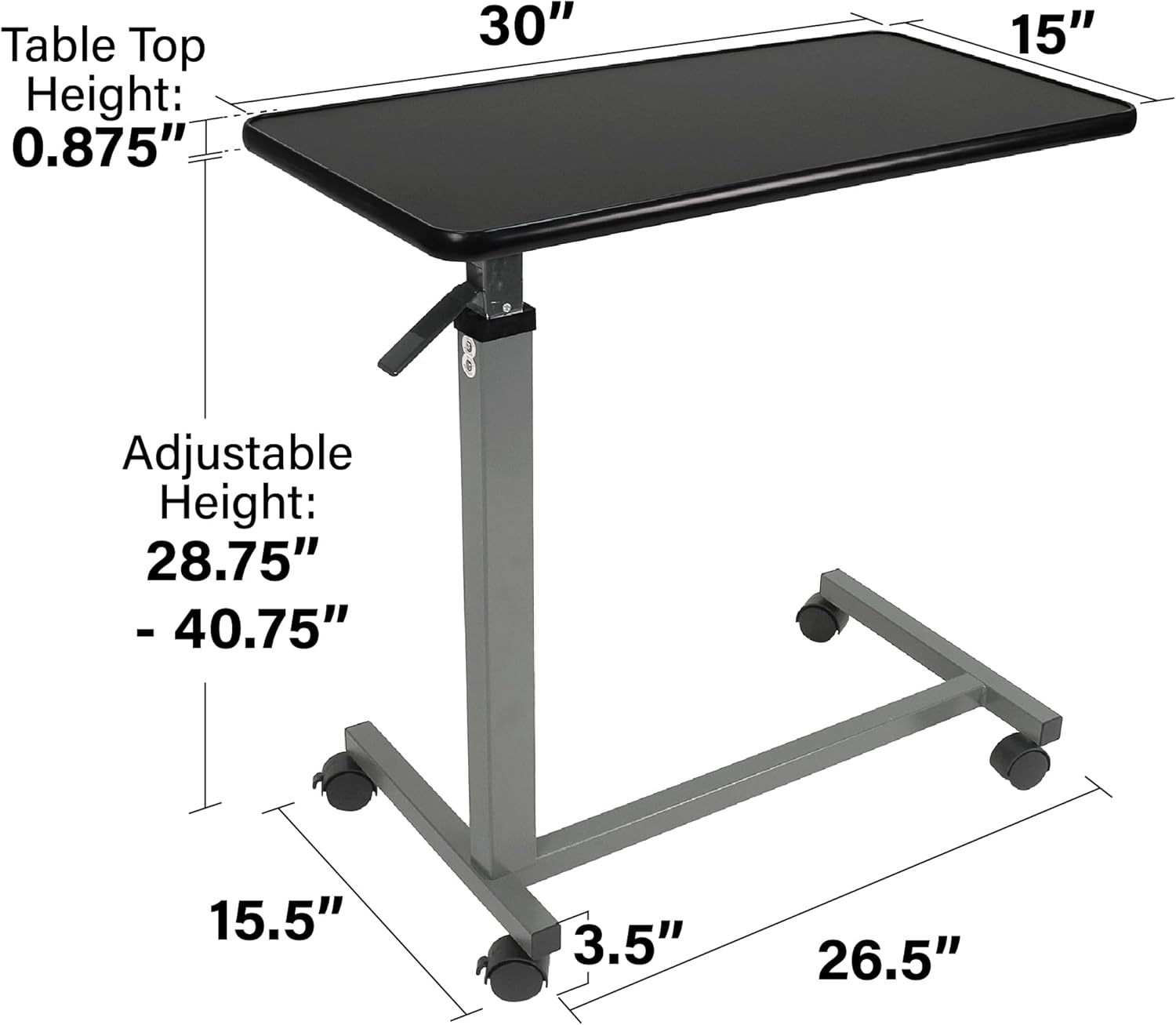 Vaunn Medical Pneumatic Adjustable Overbed Bedside Table with Wheels

