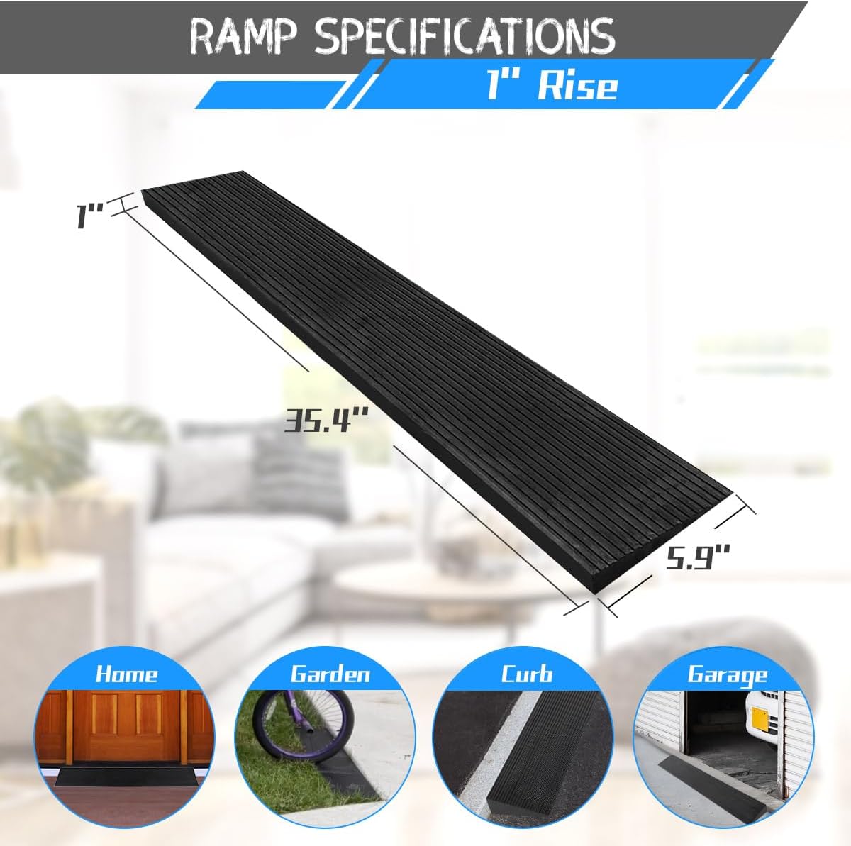 Rubber Threshold Ramp for Doorways, Non-Slip Curb Ramp, 2204 lb Capacity

