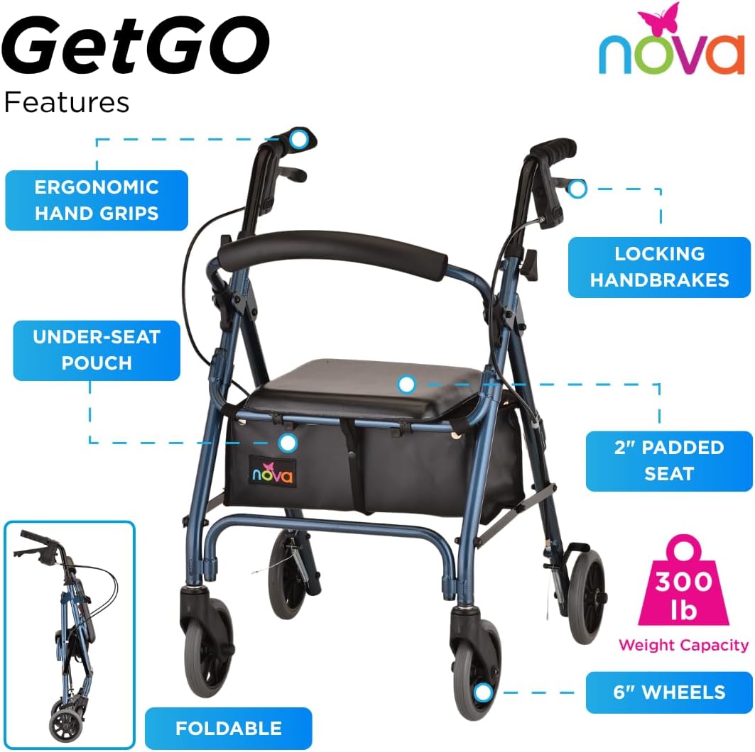 NOVA GetGo Ultra Narrow Rollator Walker with Seat, Folding Wheels and Brakes

