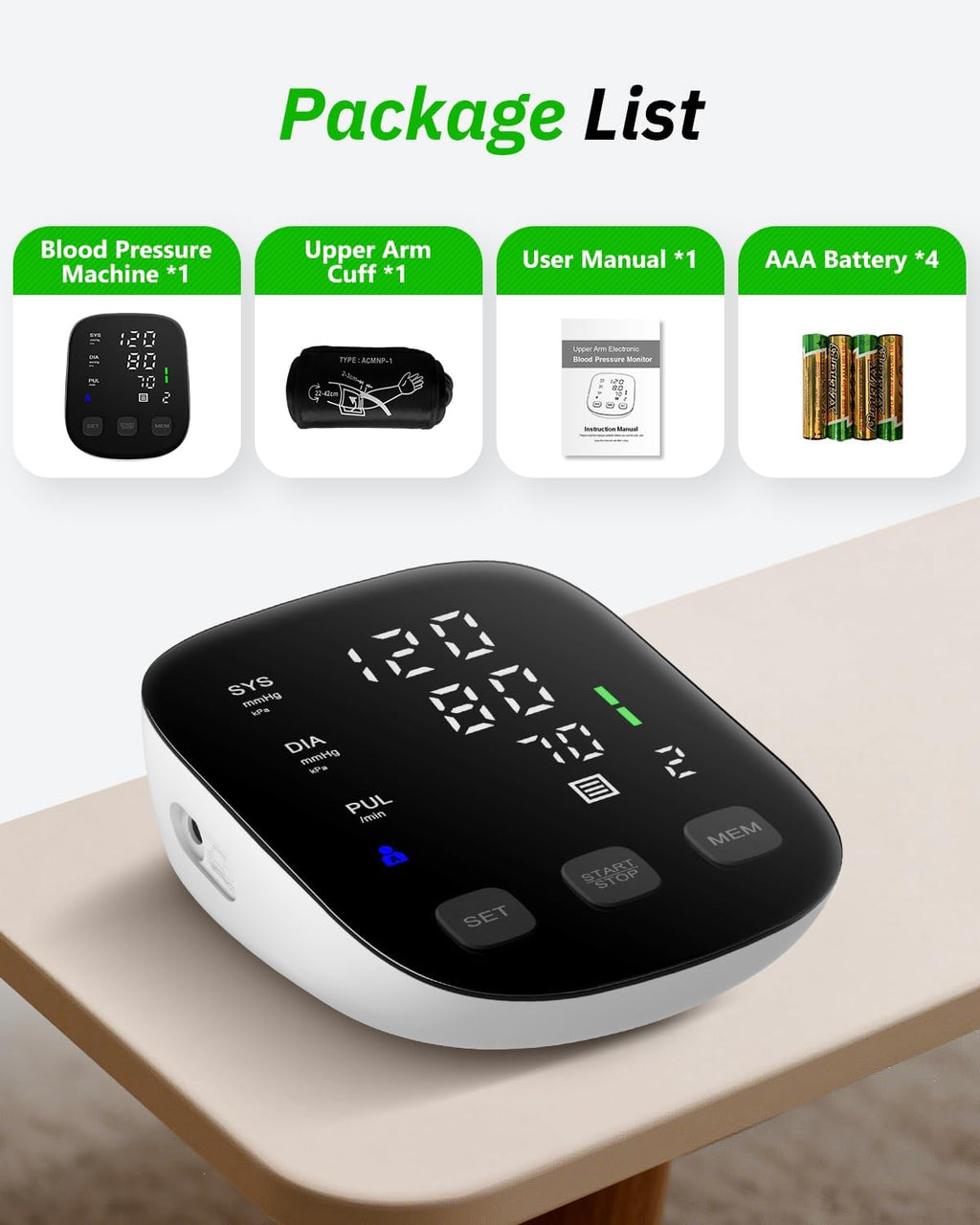 HealthTree Upper Arm Blood Pressure Monitor with Large Display, Dual Power


