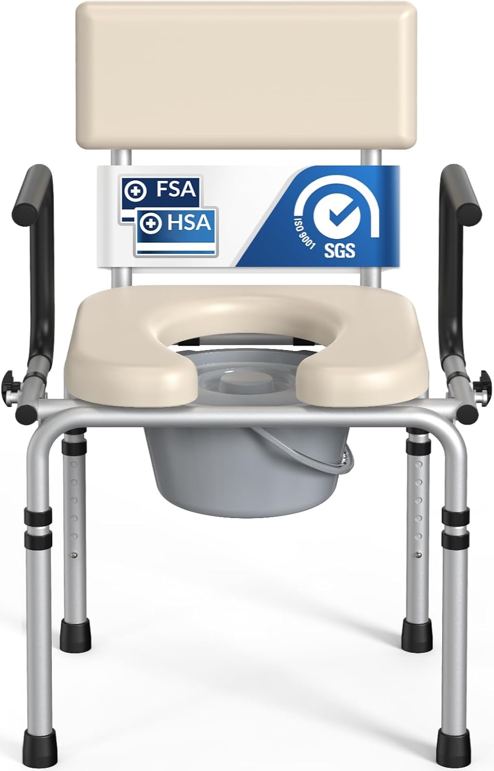 Drop-Arm Bedside Commode with Padded Seat and Backrest, 400 lb Portable Toilet

