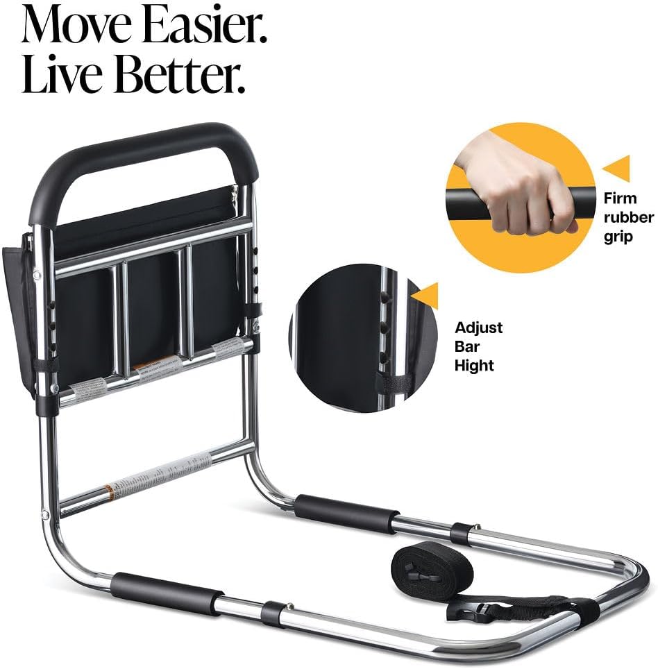 Medical Bed Assist Rail for Seniors with Storage Pocket, Floor Support, ASTM Approved

