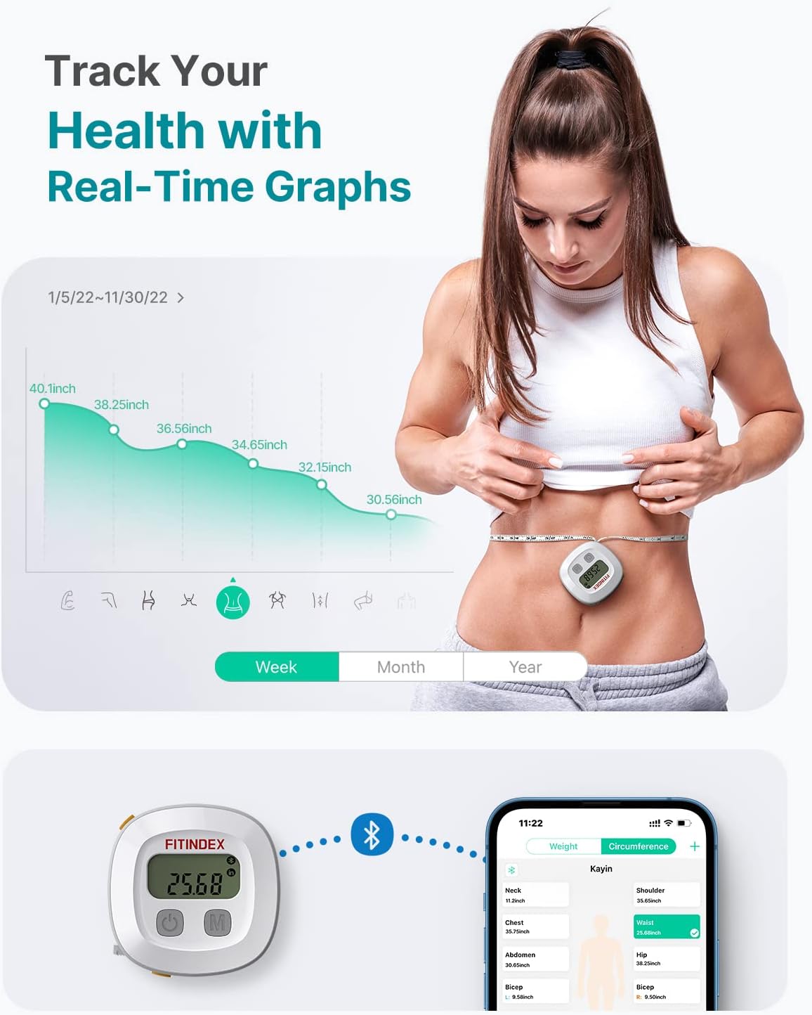 Fitindex Retractable Smart Measuring Tape with LED Display for Body Measurements

