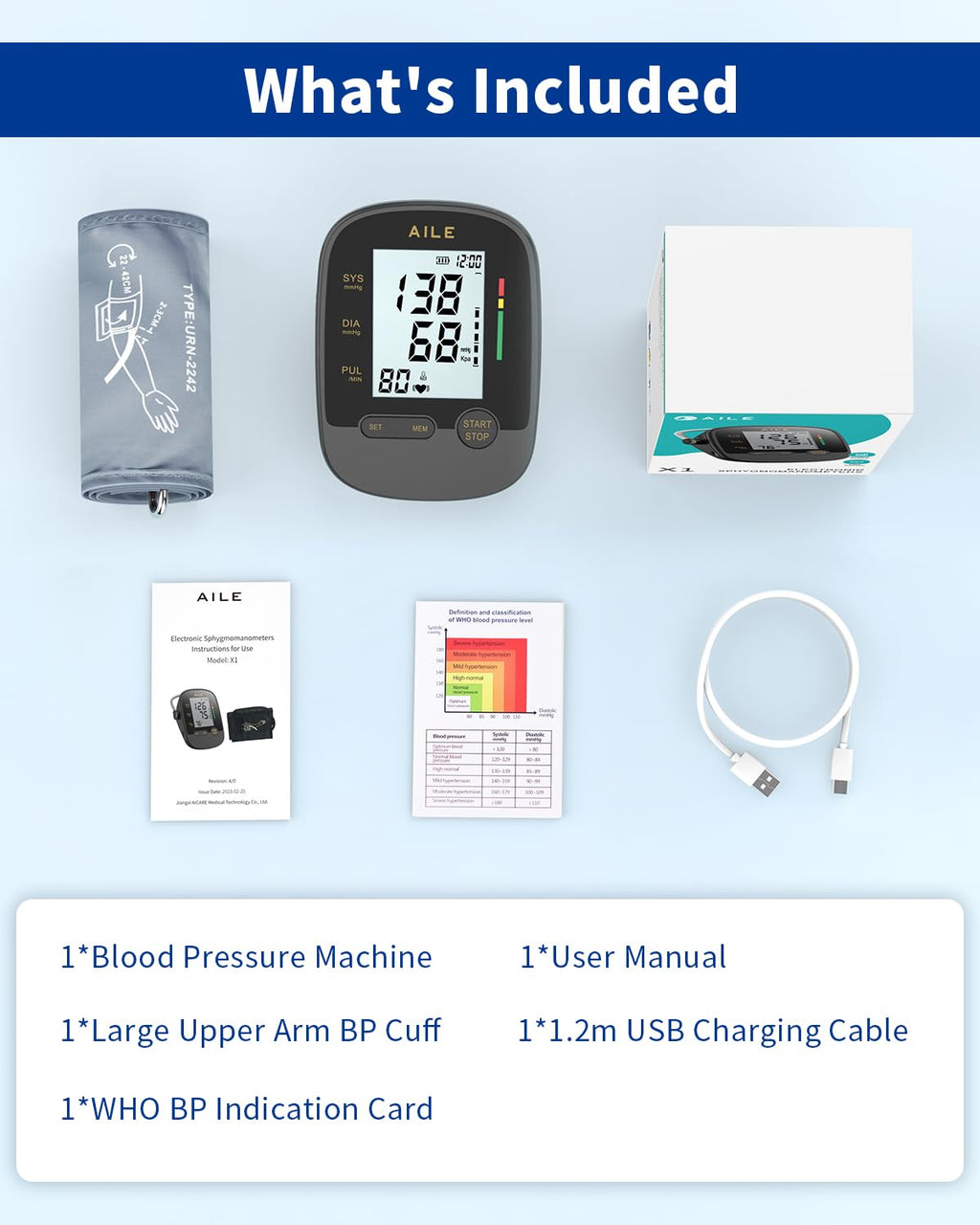 AILE Upper Arm Blood Pressure Monitor with Adjustable Cuff, Large LCD Display

