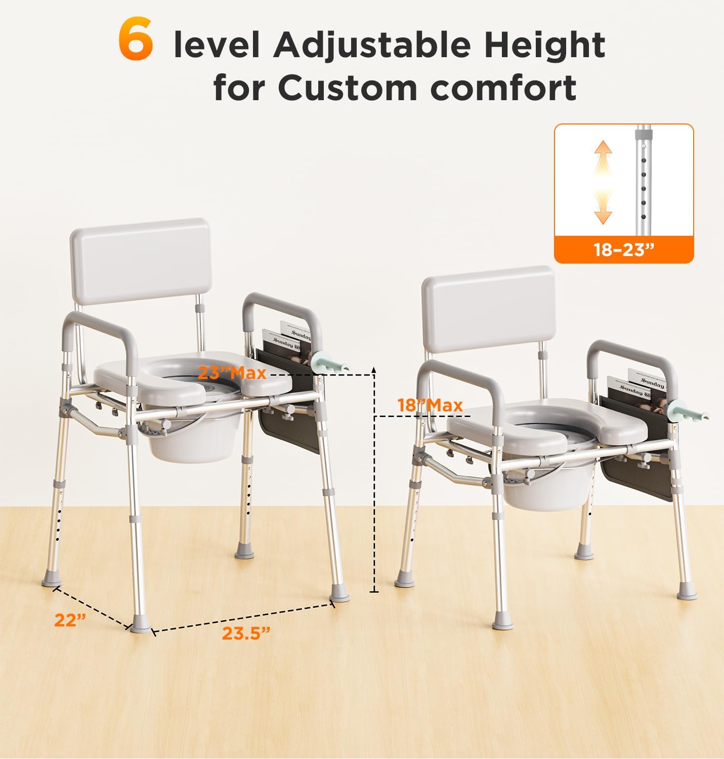 Bedside Commode with Padded Seat, Removable Backrest, 350 lb Portable Toilet

