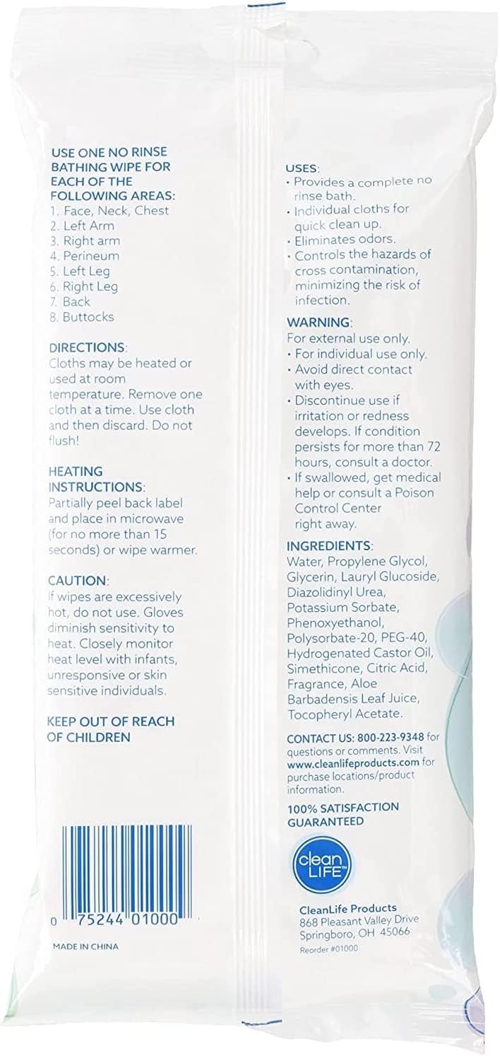 Cleanlife No-Rinse Bathing Wipes for Adults, Bedridden, Hospital, Travel

