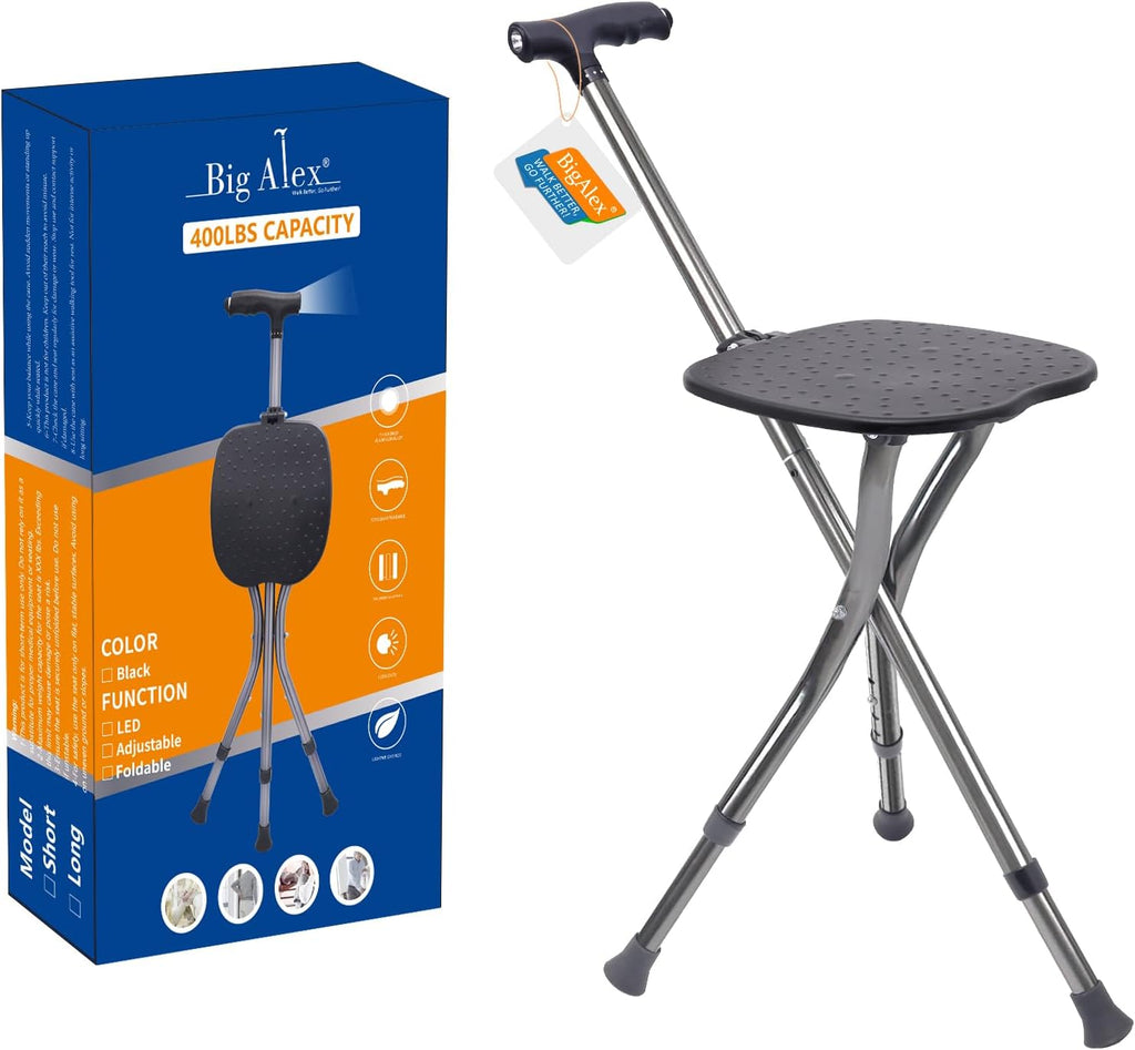 BigAlex Folding Walking Cane with Seat and LED Light, Adjustable Walking Support

