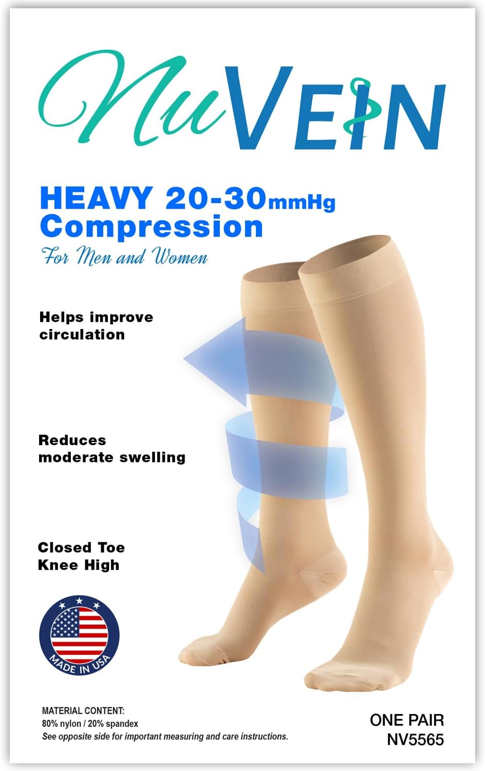 NuVein Medical Compression Stockings 20-30 mmHg Knee Length Closed Toe Unisex


