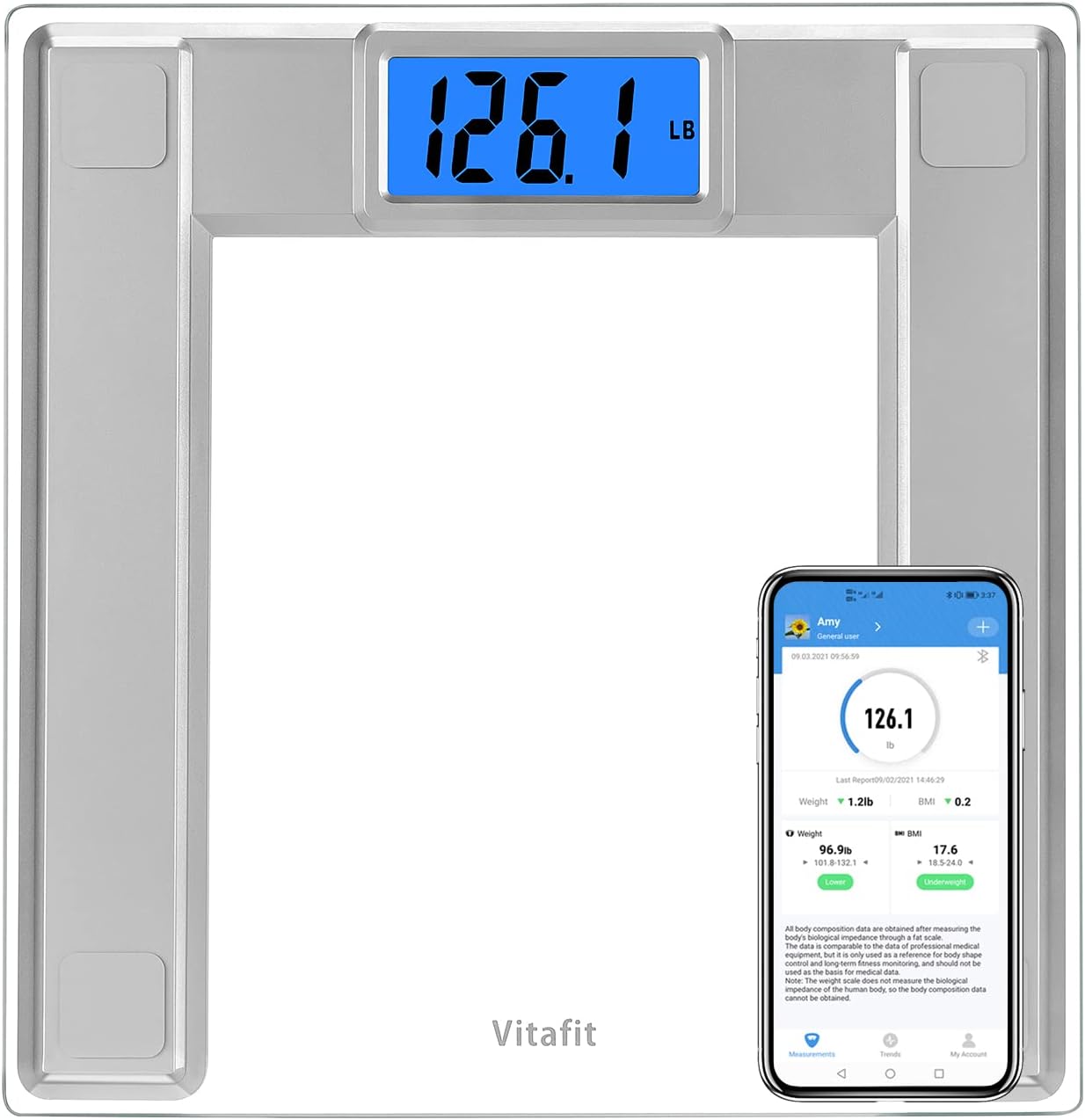 Vitafit Digital Bathroom Scale BMI Smart App Tempered Glass 8mm LCD

