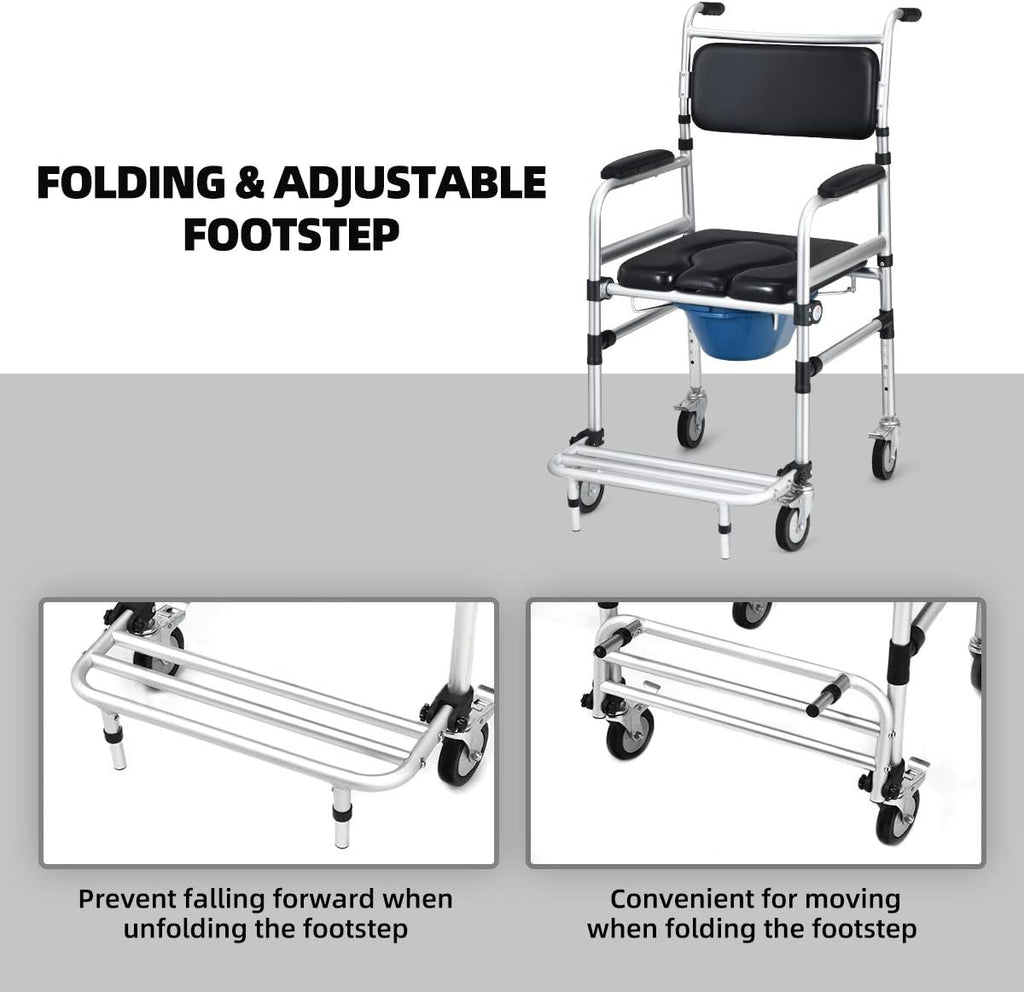 Goplus 4-in-1 Shower Commode Wheelchair with Arms, Rolling Toilet Chair

