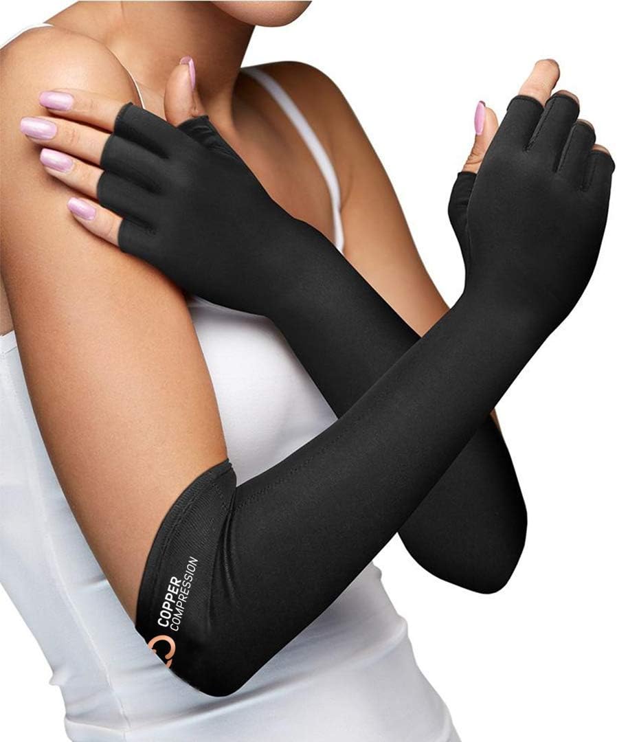 Copper Compression Long Arthritis Gloves, Copper-Infused Compression Fingerless Sleeves


