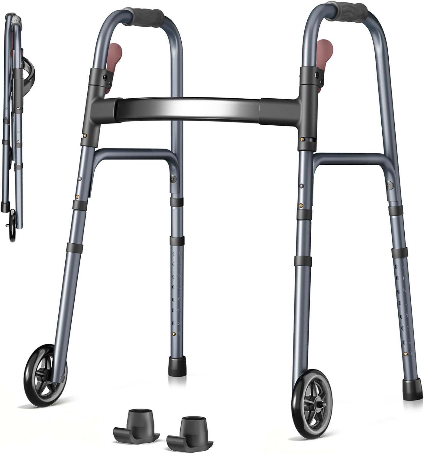 Folding Rolling Walker for Seniors, Height Adjustable, One-Hand Fold, 300 lb

