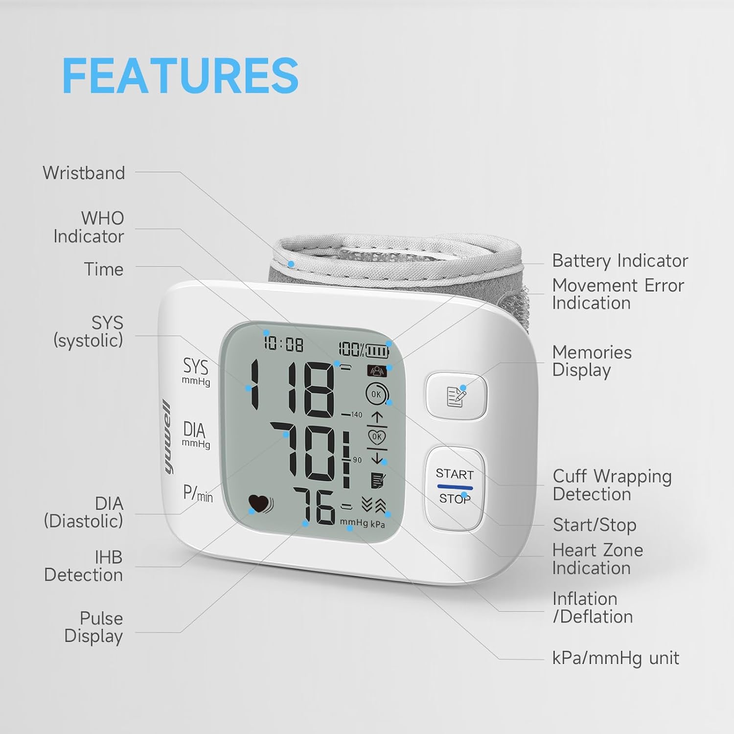 Yuwell Wrist Blood Pressure Monitor with Large Display, Rechargeable BP Machine

