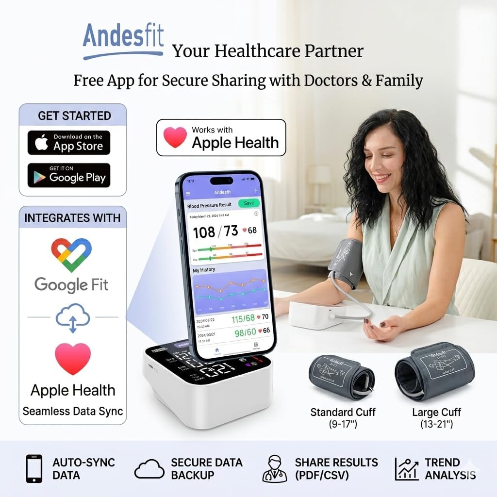 Andesfit Upper Arm Blood Pressure Monitor with Bluetooth and Large Color Display

