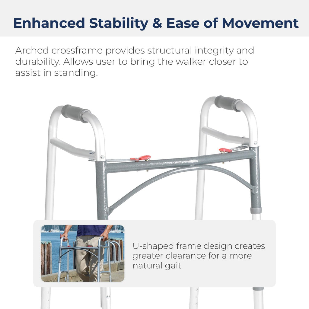 Drive Medical 2-Button Foldable Walker with Adjustable Legs, Lightweight Aluminum 350 lb

