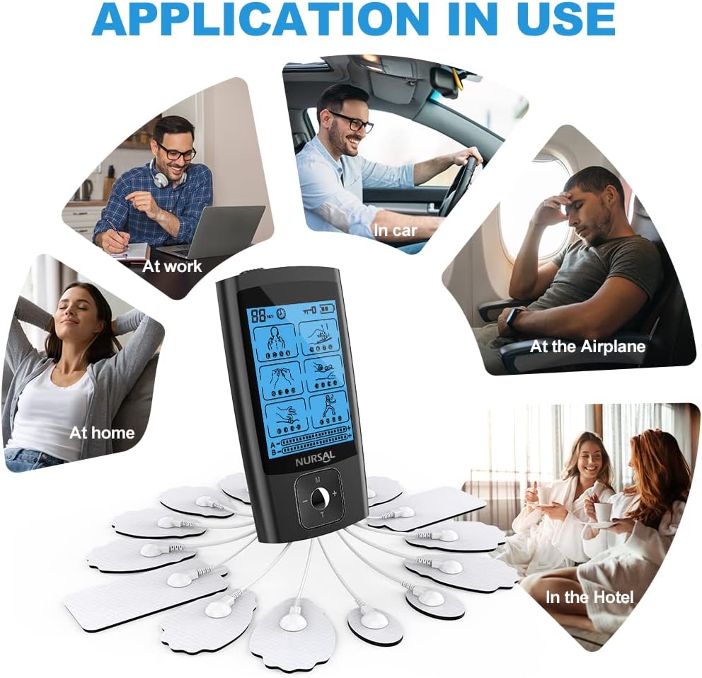 NURSAL Dual Channel TENS EMS Muscle Stimulator 24 Modes Rechargeable with 14 Pads

