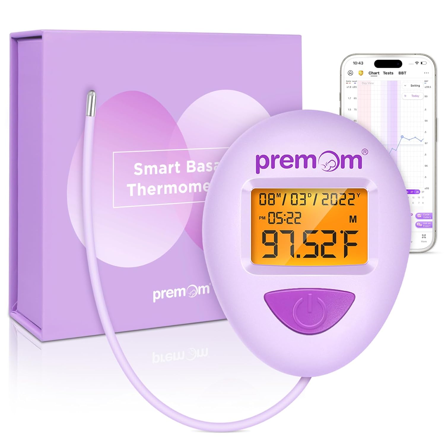 Premom Smart Basal Body Thermometer for Ovulation, Long-Tip Digital BBT EBT-380


