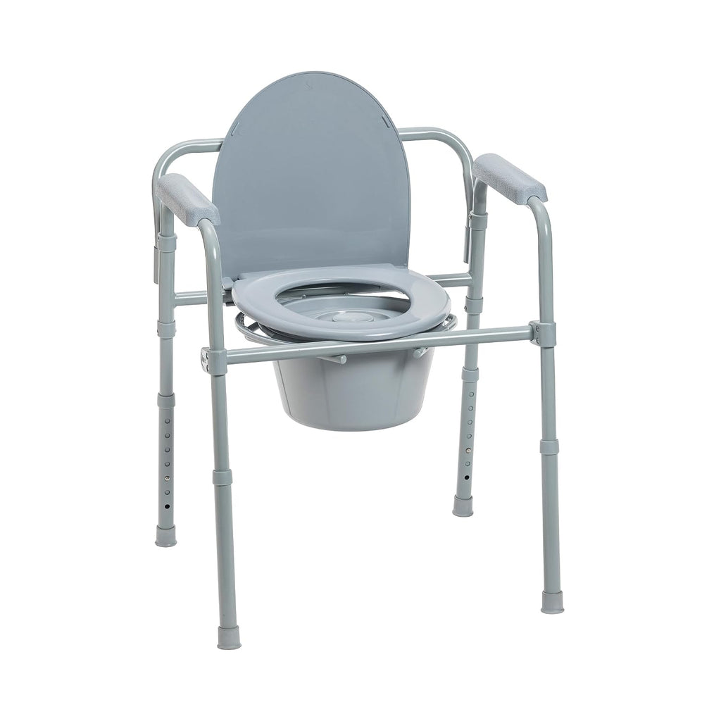 Drive Medical Folding Steel Bedside Commode Chair 3-in-1 Adjustable Height 7.5 Qt Bucket