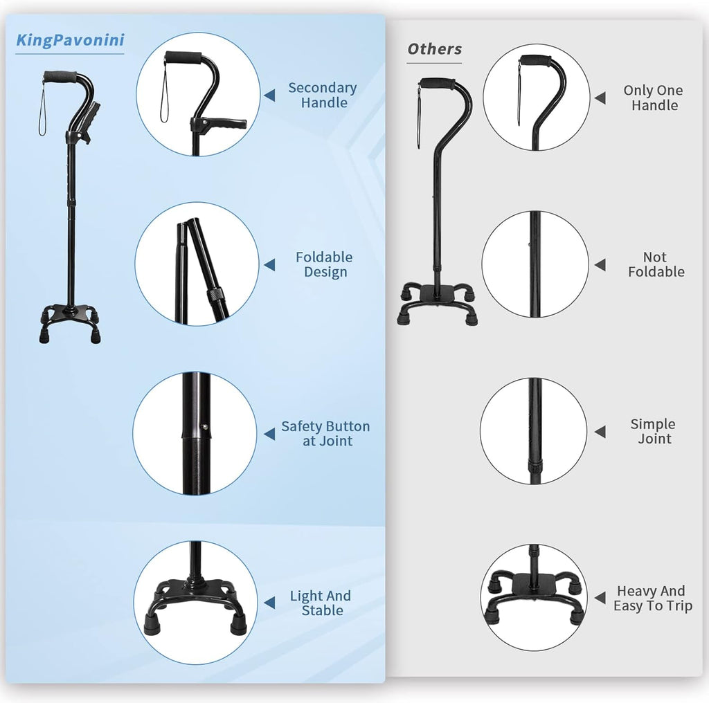 KingPavonini Adjustable Folding Walking Cane with Quad Base and Dual Handle

