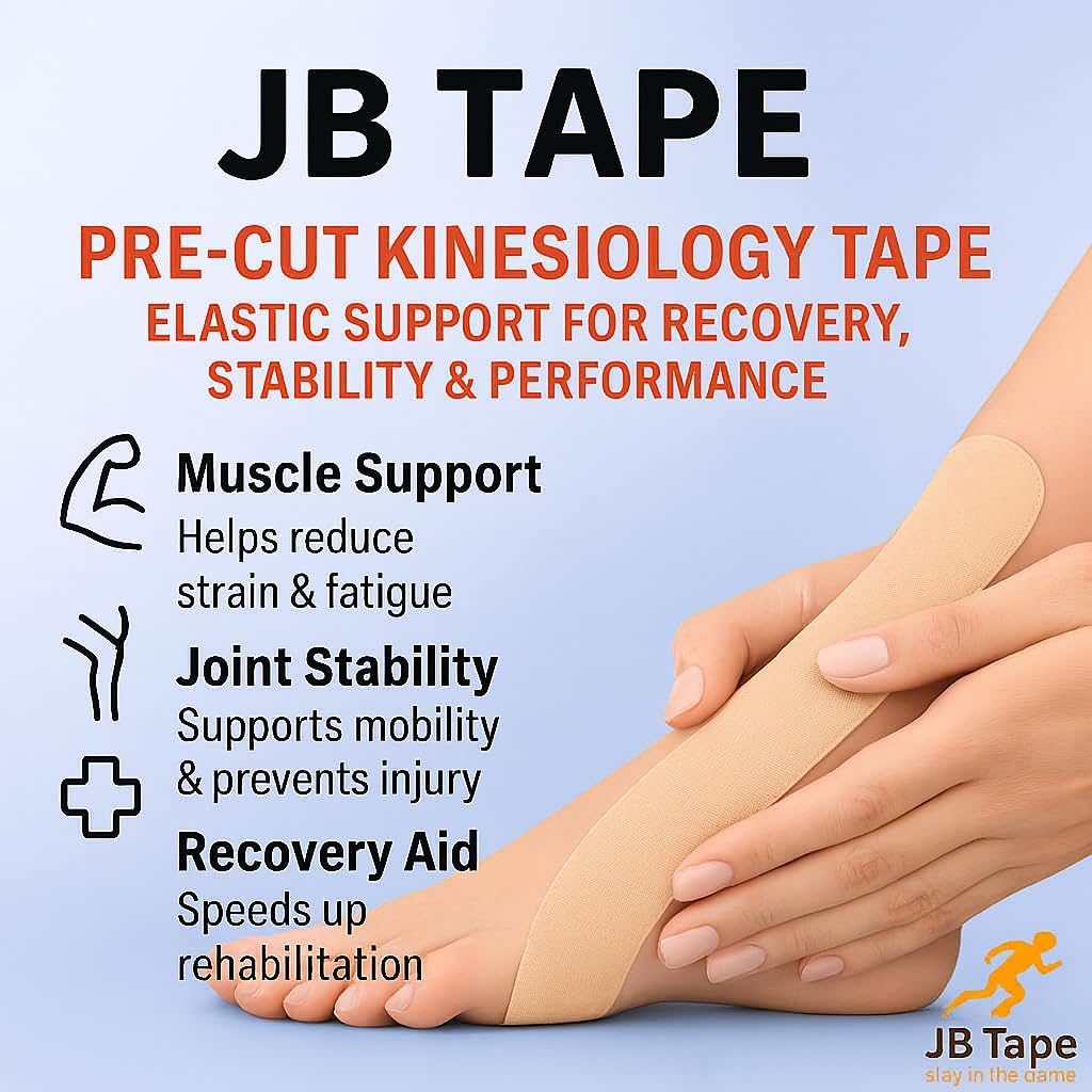 JB Tape Kinesiology Tape 80 Precut 10-Inch Strips, Elastic Latex-Free, 4 Rolls


