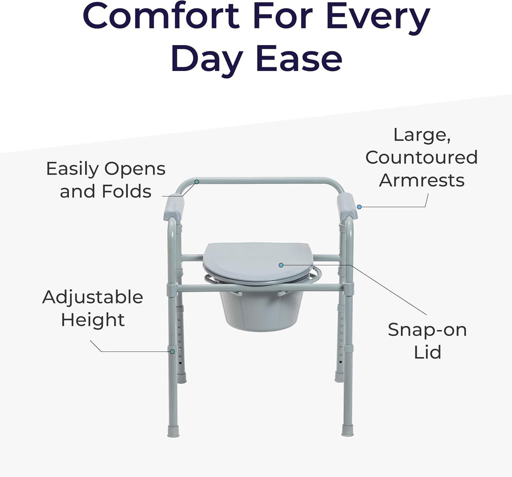 Drive Medical Folding Steel Bedside Commode Chair 3-in-1 Adjustable Height 7.5 Qt Bucket


