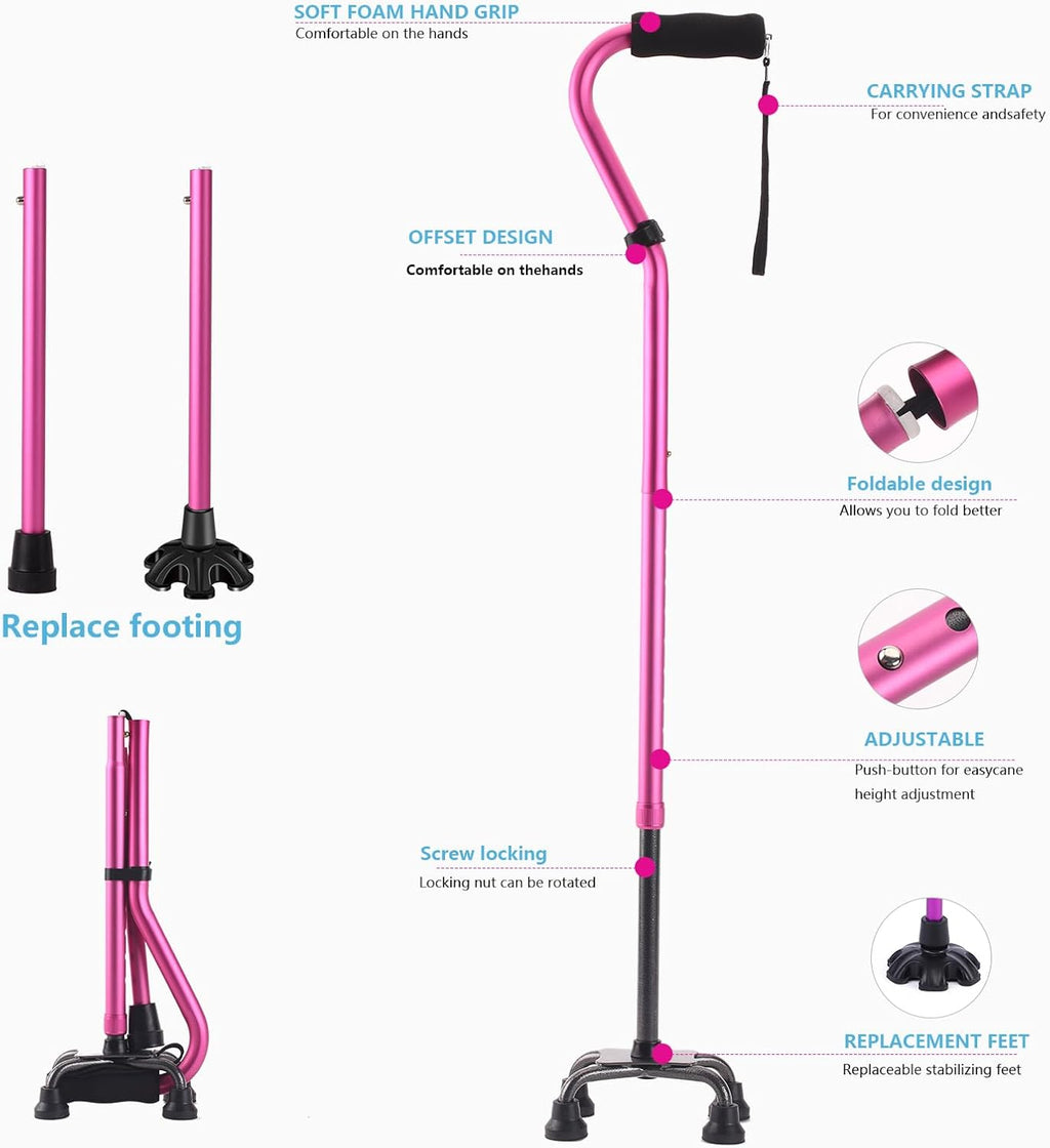 LIXIANG Quad Walking Cane Foldable Adjustable Aluminum Non-Slip Foam Handle

