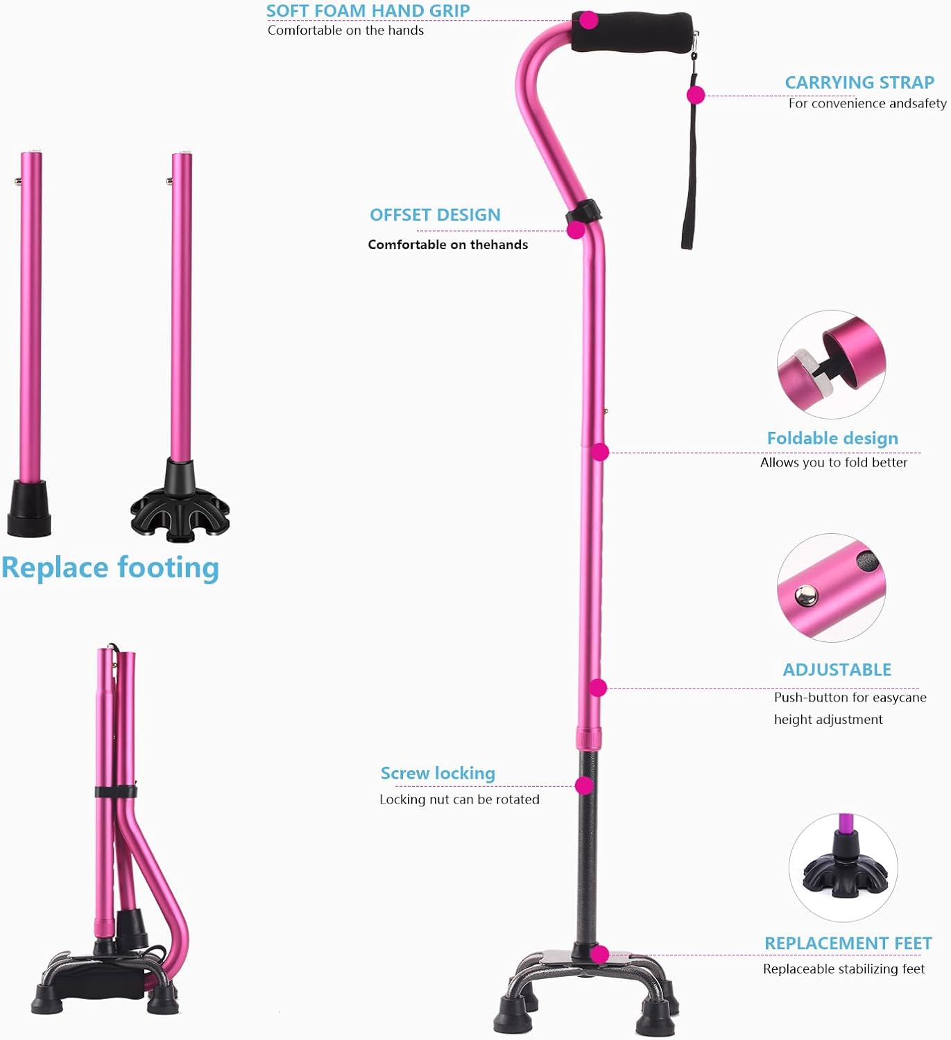 LIXIANG Quad Walking Cane Foldable Adjustable Aluminum Non-Slip Foam Handle

