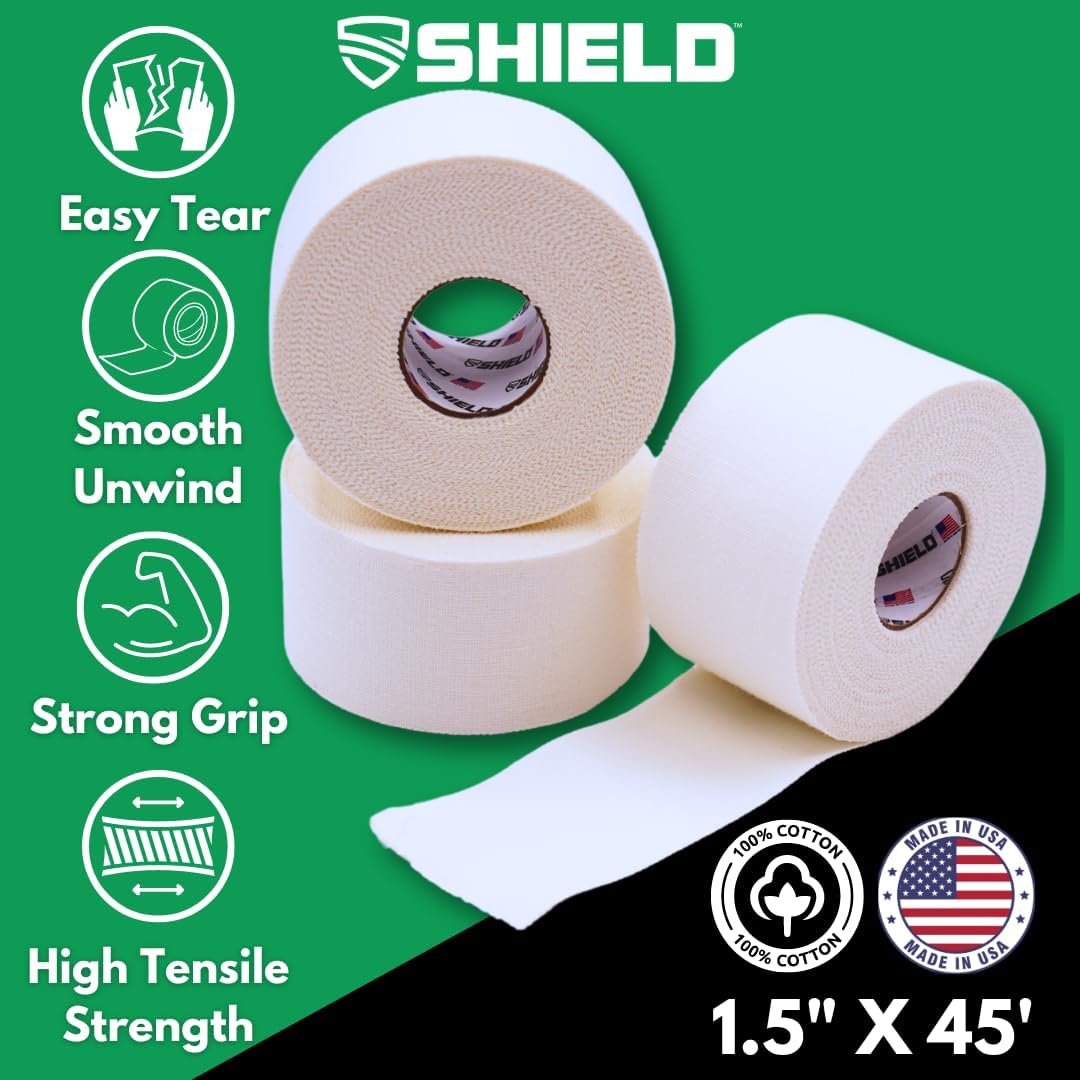 SHIELD Athletic Tape 1.5 in x 15 yd, 32-Roll Bulk Pack, Cotton, Easy Tear

