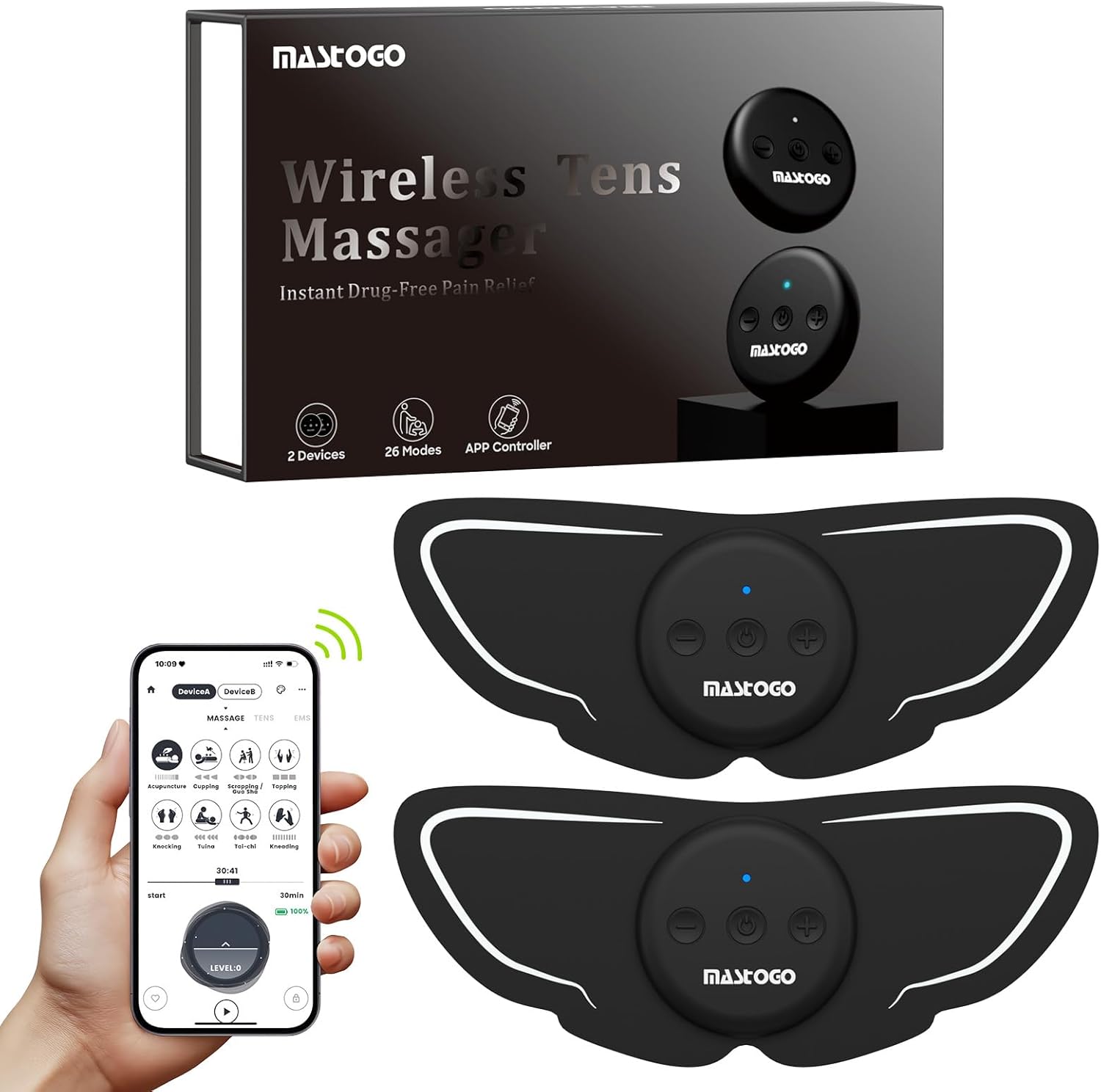 MASTOGO Wireless TENS Unit Dual-Host Muscle Stimulator with App Control, Rechargeable

