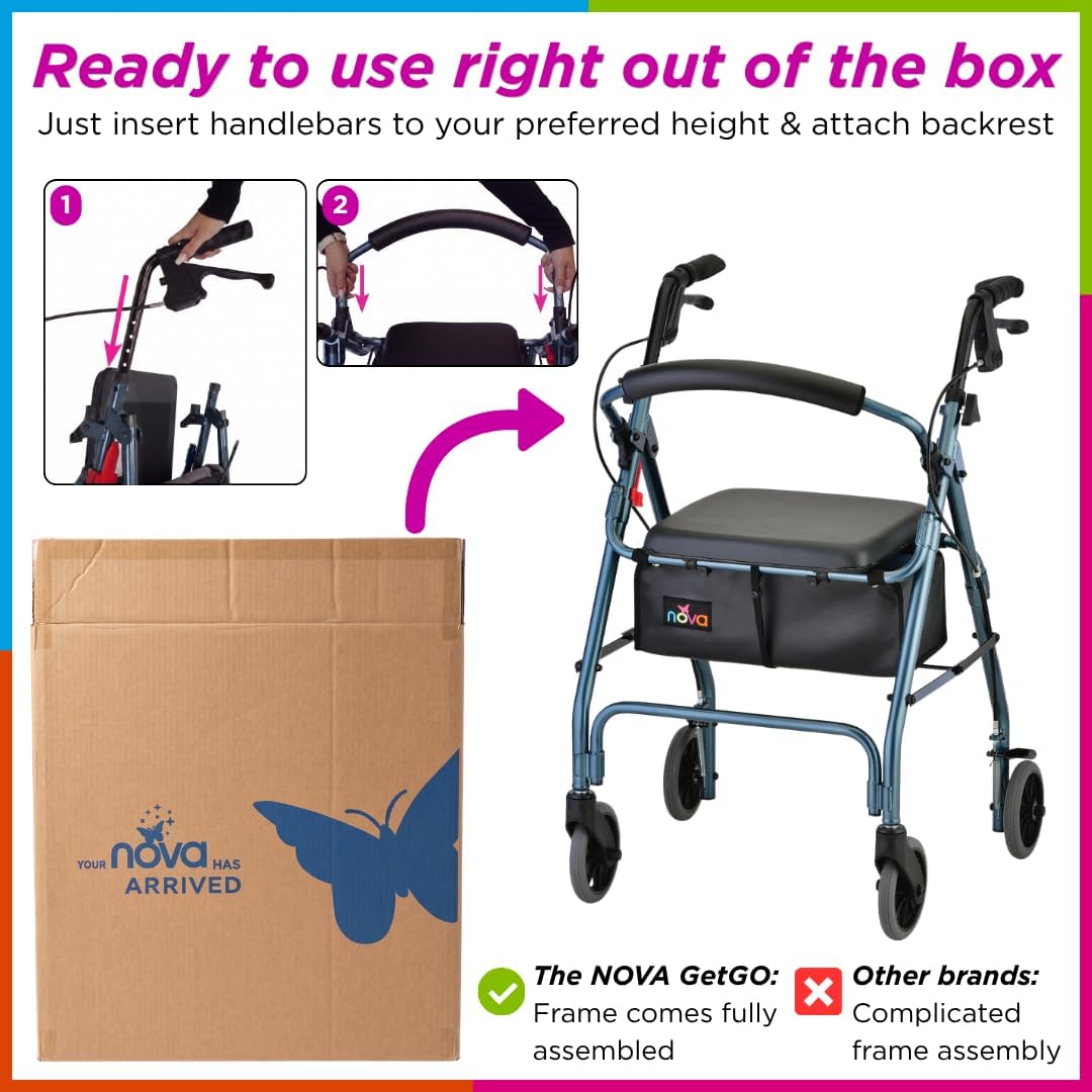 NOVA GetGo Ultra Narrow Rollator Walker with Seat, Folding Wheels and Brakes

