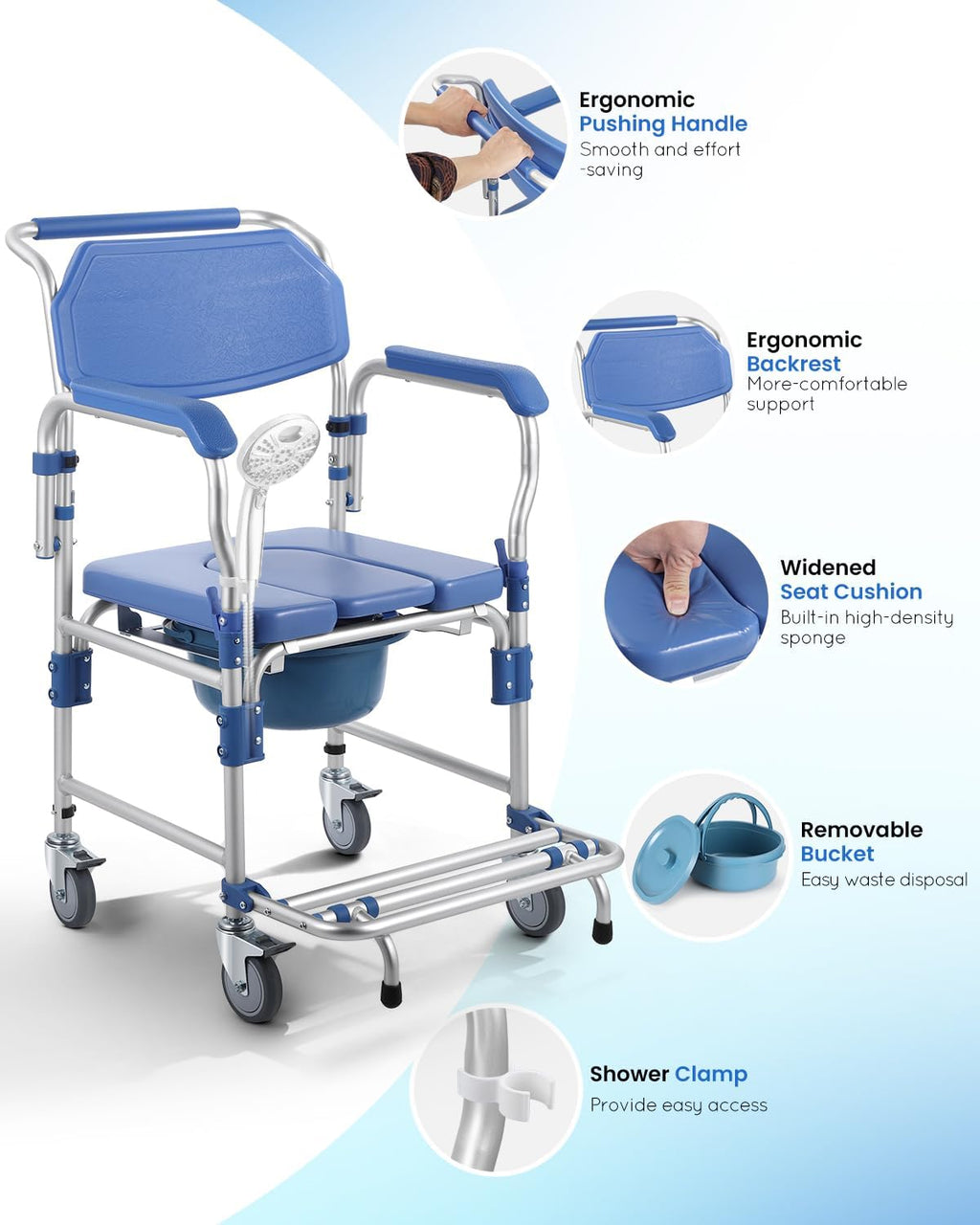 Bedside Commode Wheelchair with Drop Arms, Locking Casters, Waterproof Shower Chair

