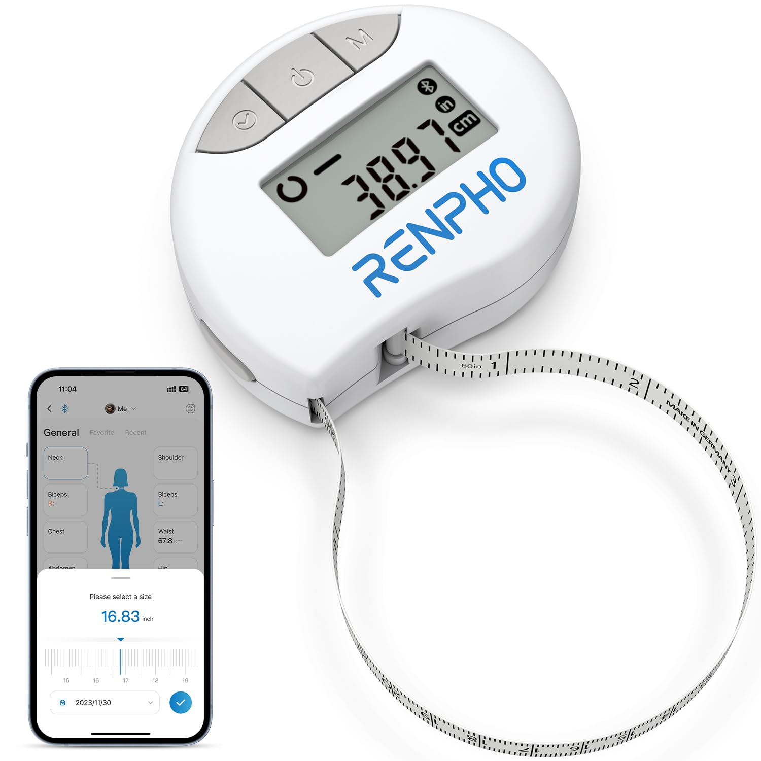 RENPHO Smart Body Measuring Tape with Bluetooth App, Retractable LCD