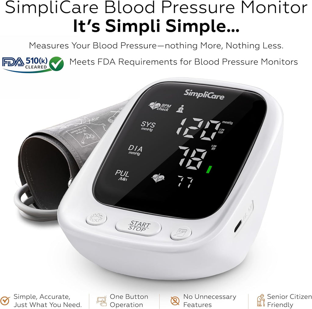 SimpliCare Upper Arm Blood Pressure Monitor with XL Cuff, Large LED Display, 2-User

