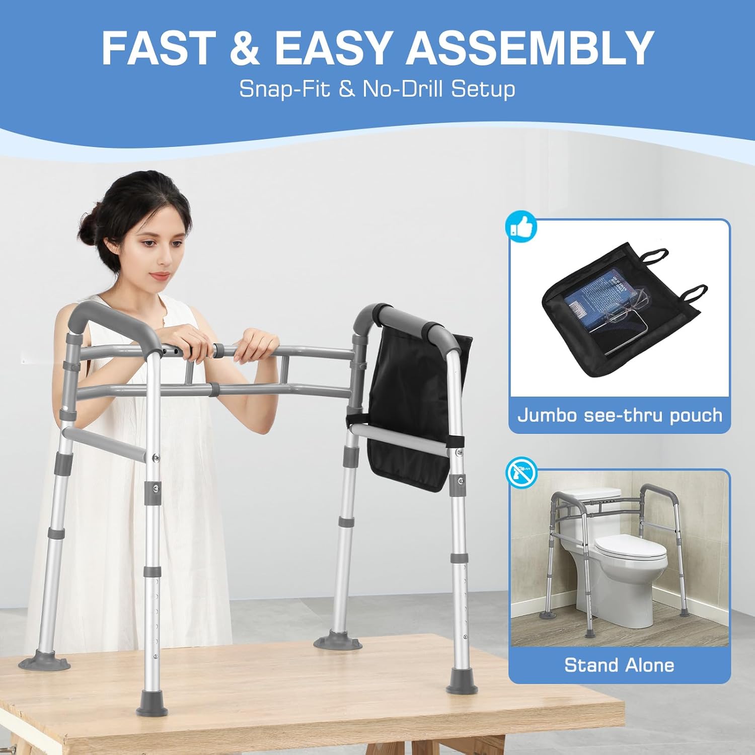 TABEKE Toilet Safety Rails for Seniors Adjustable Height Width Foldable Handles


