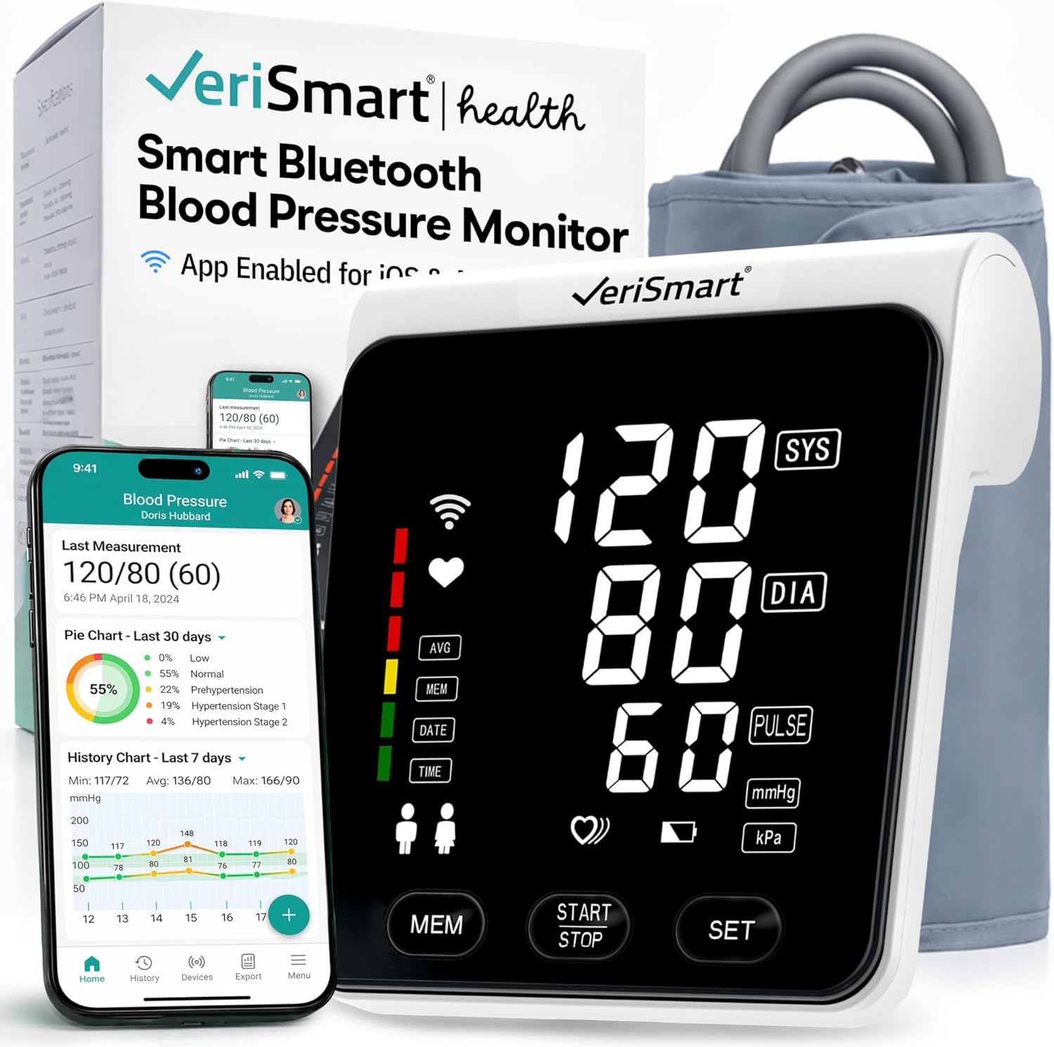 VeriSmart Health Smart Upper Arm Blood Pressure Monitor with Bluetooth, LED Display

