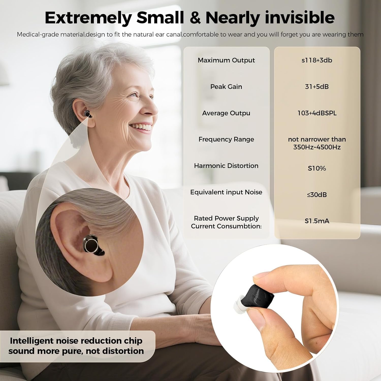 OTC Rechargeable Hearing Aids for Seniors, 30h, 3 Modes, LCD Power Display

