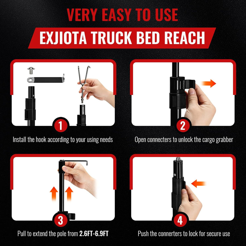 6.9 ft Telescoping Magnetic Truck Bed Grabber Tool with 2 Hooks and Mount Plate

