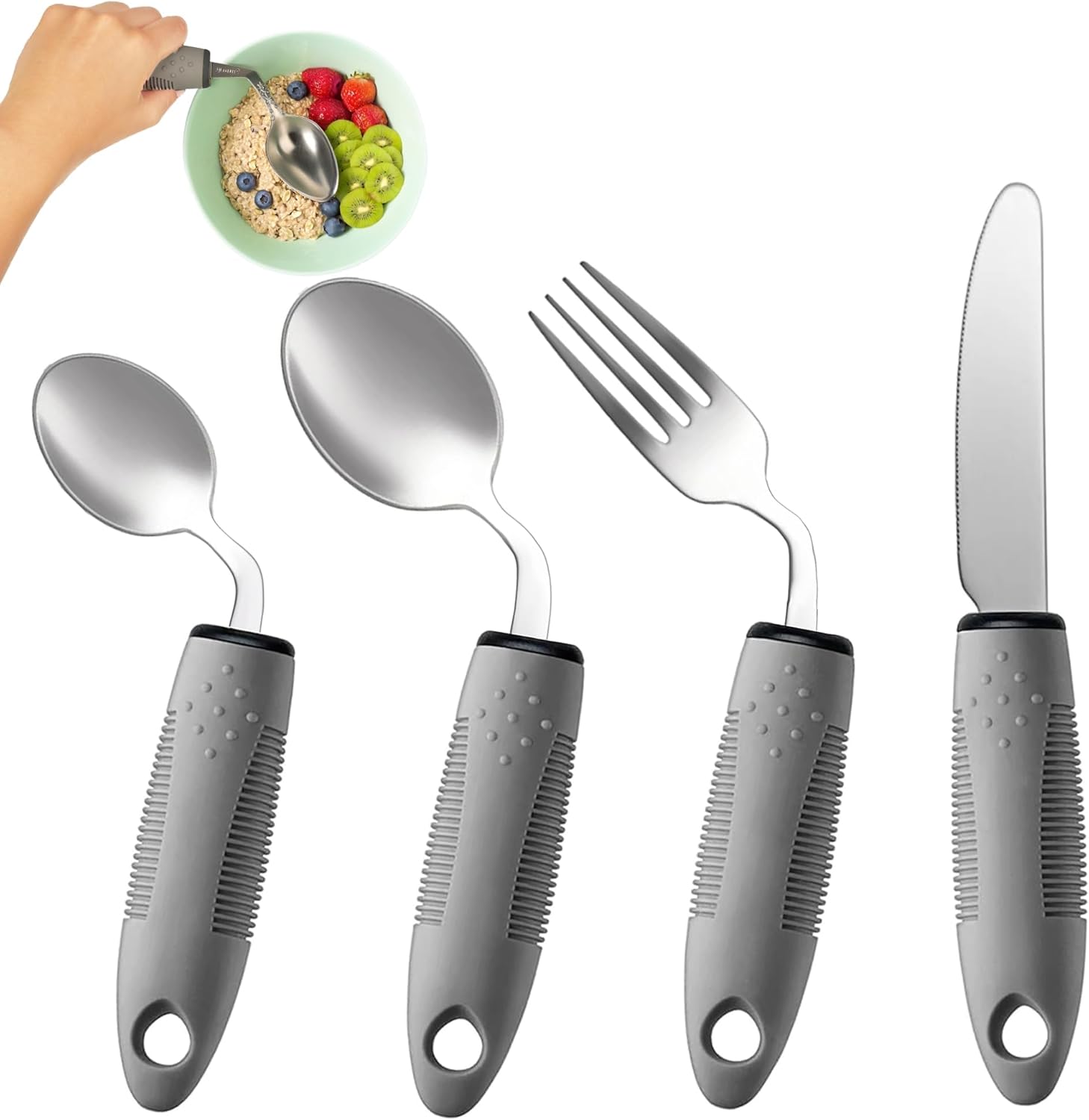 4-Piece Adaptive Angled Parkinson’s Utensils Set, Non-Slip Stainless Flatware

